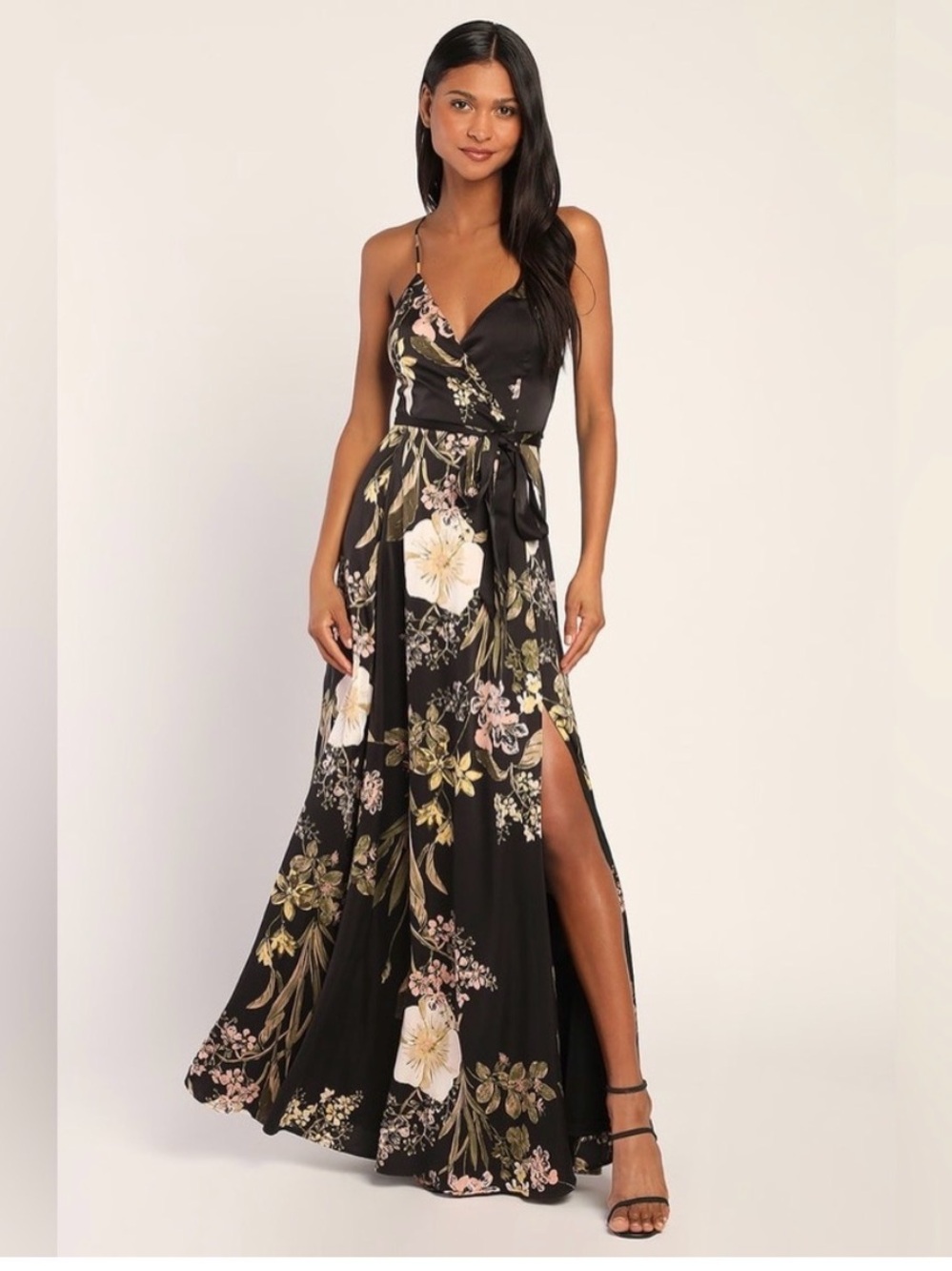 LULU's Floral Sexy Romantic Flowy Floral Wedding Formal Event Satin Maxi Dress